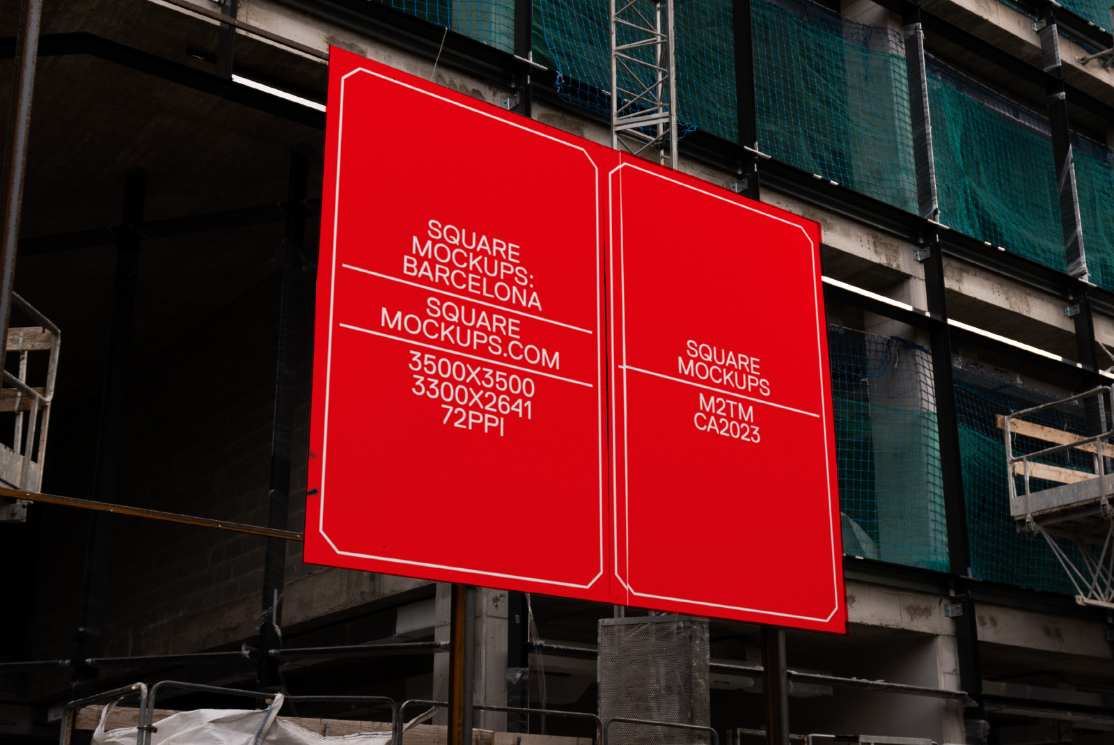 Outdoor billboard mockup in an urban construction setting, showing a pair of large red advertisements with sample text for designers.